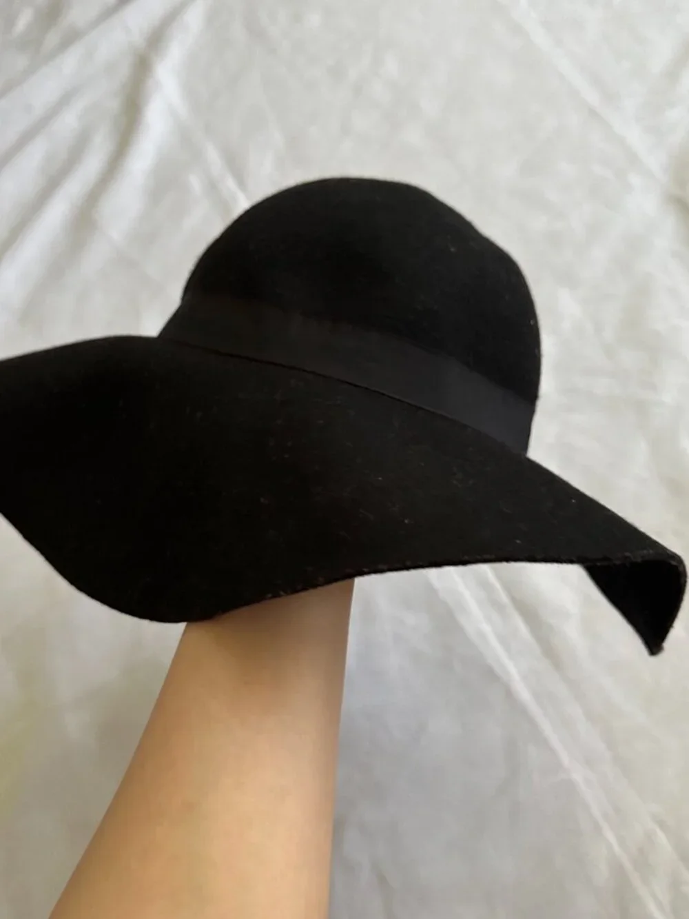Black Felt Wide Brim Floppy Hat Women's Classic Ribbon Fedora Boho